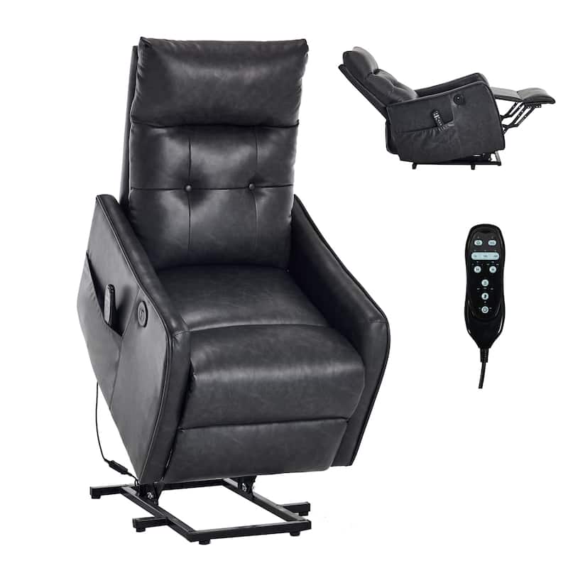 PU Leather Recliner with Single Motor Lift Massage Heat and 155 Degree Recline
