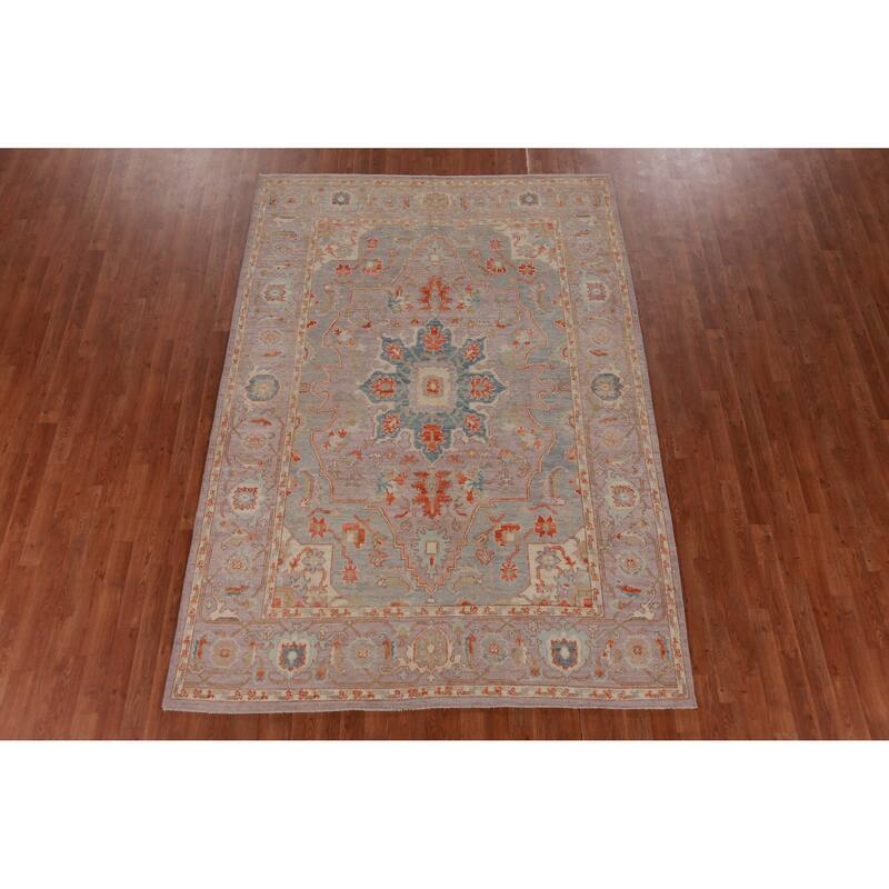 Hand Knotted Oriental 100% Wool Carpet Transitional Medallion Purples Oushak Area Rug - 9' 0'' X 6' 2''