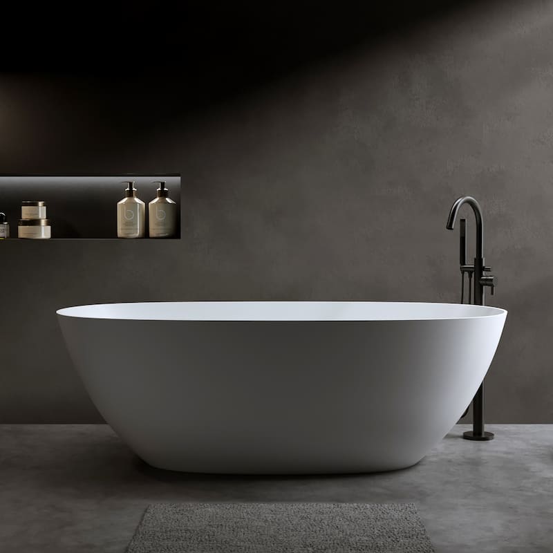 Luxury Solid Surface Freestanding Soaking Bathtub with Center Drain and Pop-up Drain, Modern Beige Tub with Overflow
