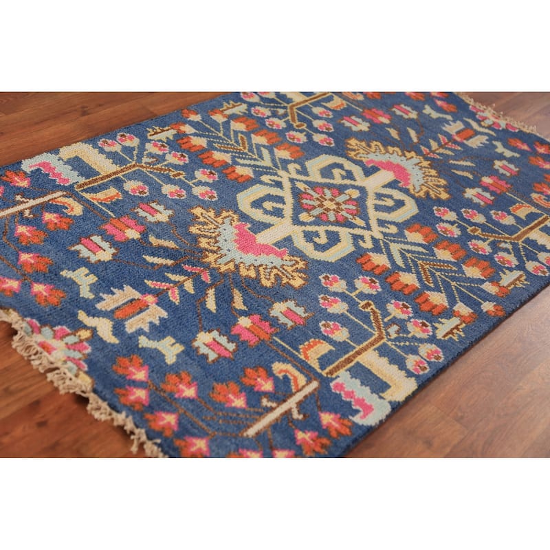 All-Over Blue Oushak Indian Foyer Rug Hand-Knotted Wool Carpet - 3'1"x 5'0"