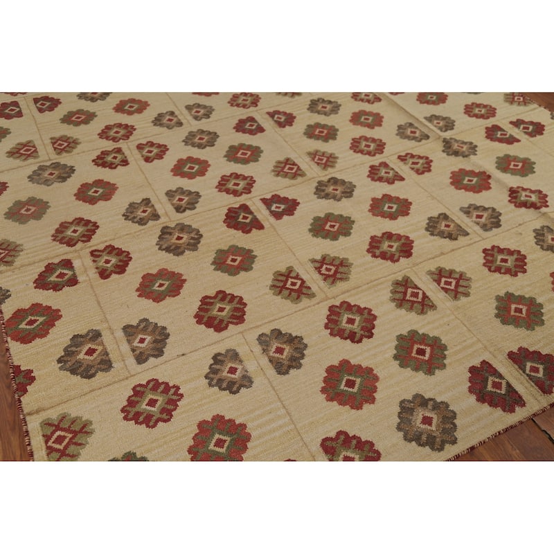 Kilim Oriental Area Rug Hand-Woven Beige Wool Carpet - 7'6"x 9'10"