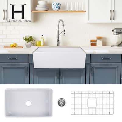 Highpoint Collection 30-inch Fireclay Farm Sink with Grid and Drain - 30.25 x 18 x 10 inches