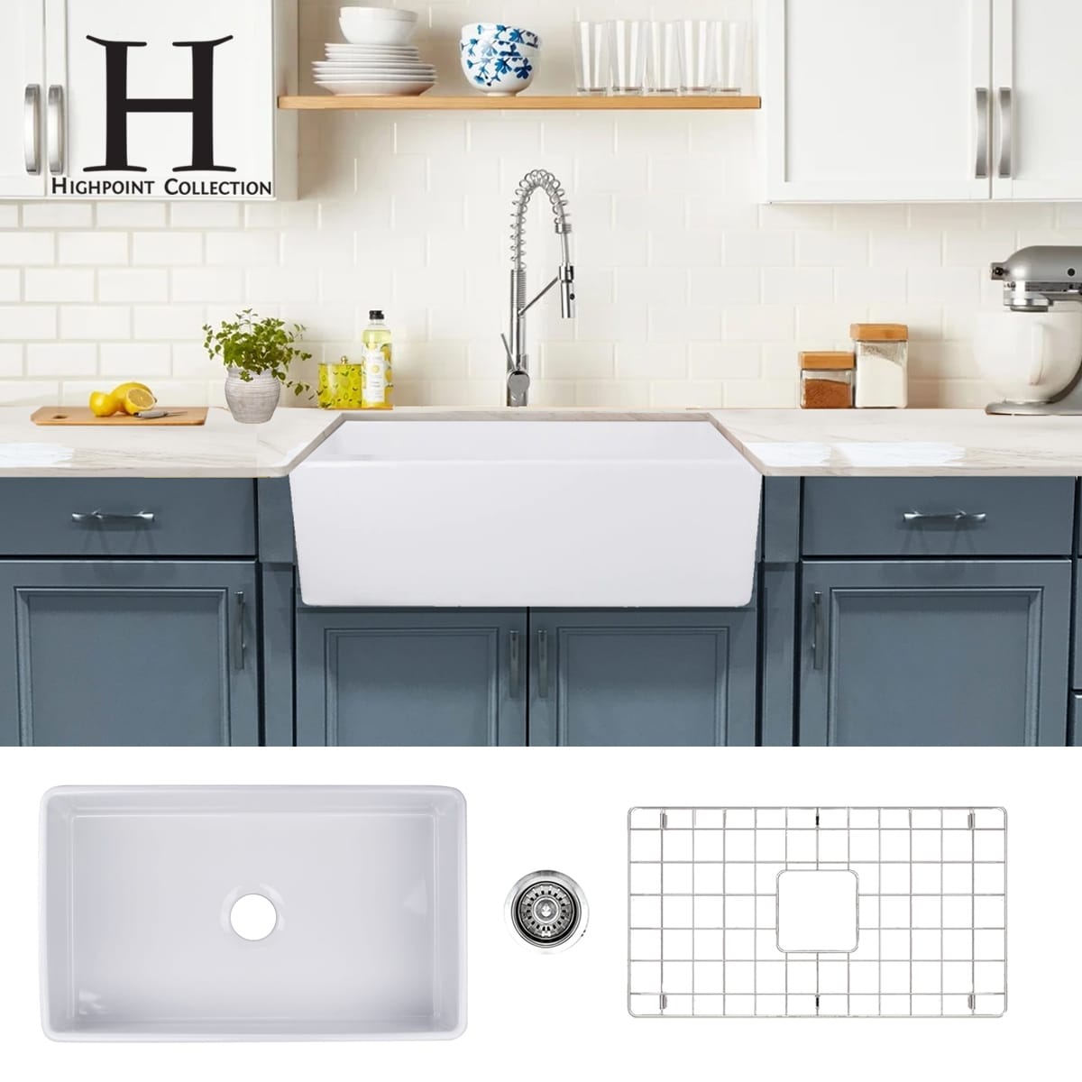 Highpoint Collection 30-inch Fireclay Farm Sink with Grid and Drain - 30.25 x 18 x 10 inches
