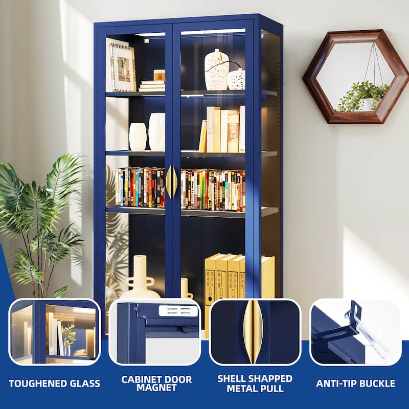 Moasis 70 inch Display Cabinet Bookshelves with Glass Doors and 3 Adjustable Shelves