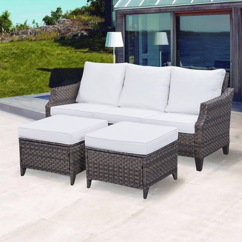Gymojoy Outdoor Sofa Rattan 3-piece Sectional Sofa Set - Biege/White
