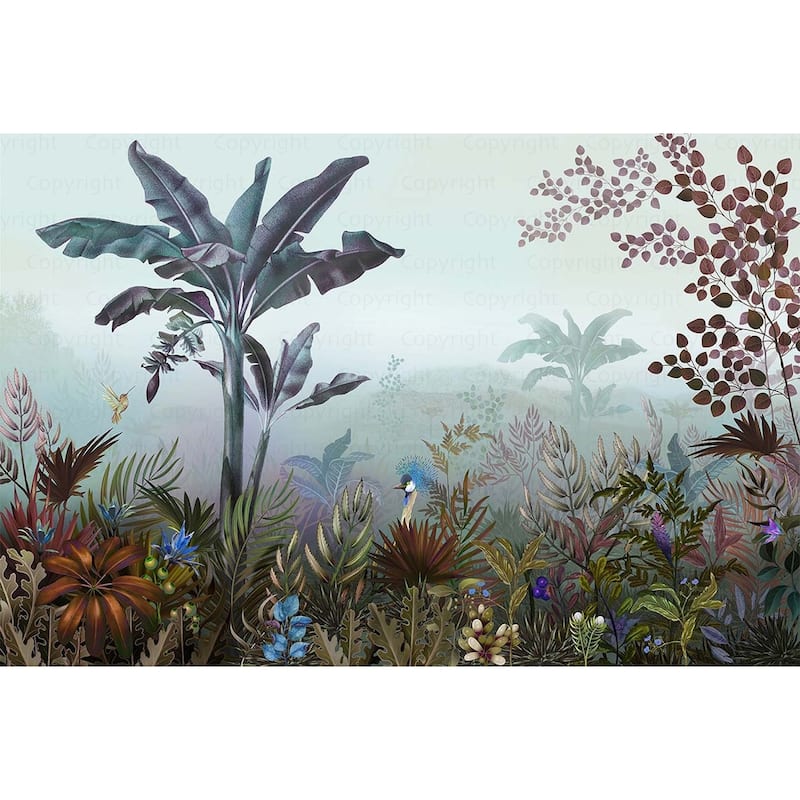 Exotic Jungle Scene Tropical FoliageWallpaper Mural - Purple - W:163" x H:110"