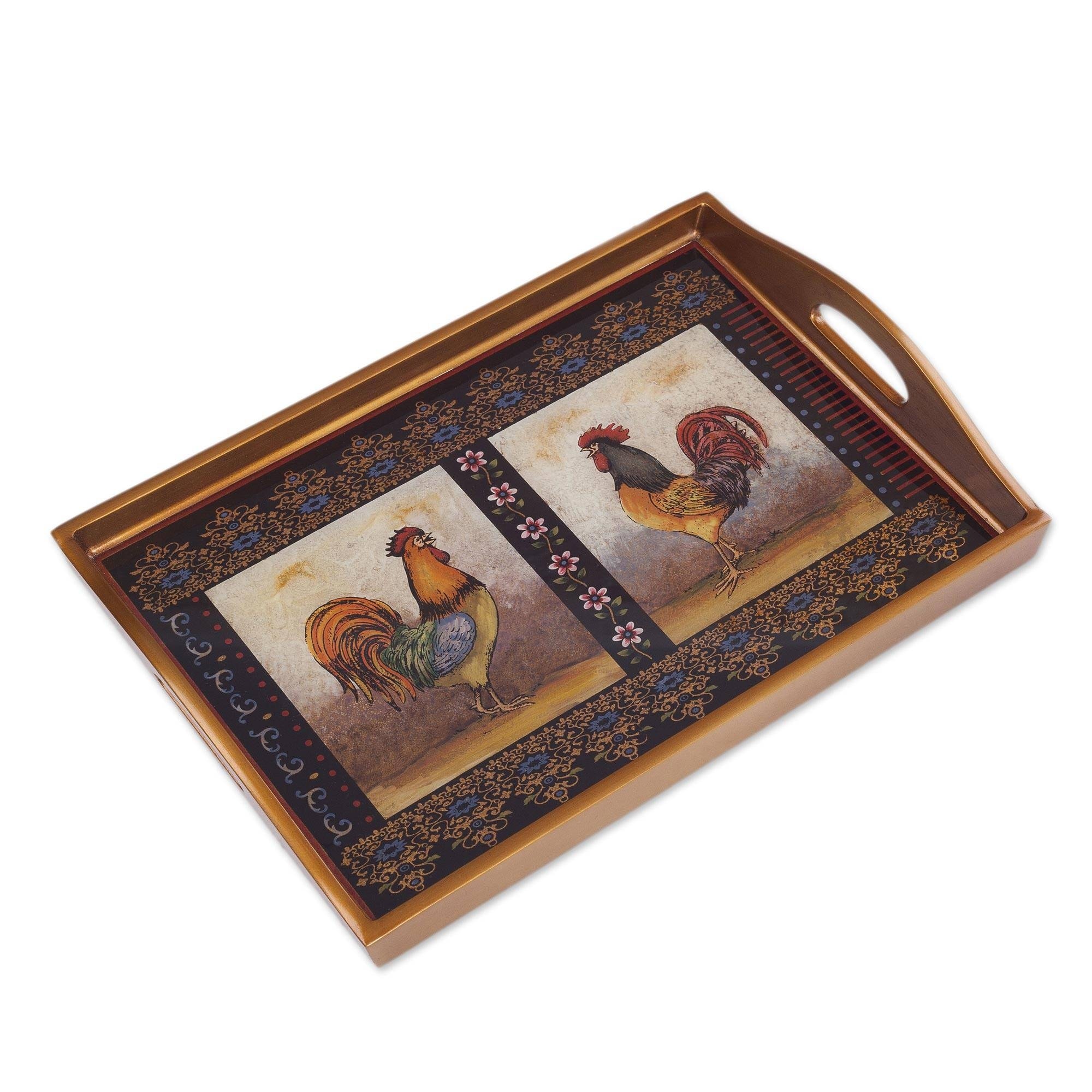 Handmade Crowing Roosters Reverse Painted Glass Tray (Peru) - 2.4" H x 17.75" W x 11.75" D