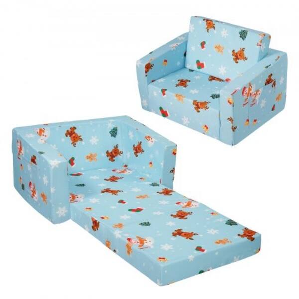slide 1 of 1, Sky Blue Foam Foldable Kids Sofa Bed with Printed Fabric and Zippers - 40.94” L x 22.83” W x 12.60” H