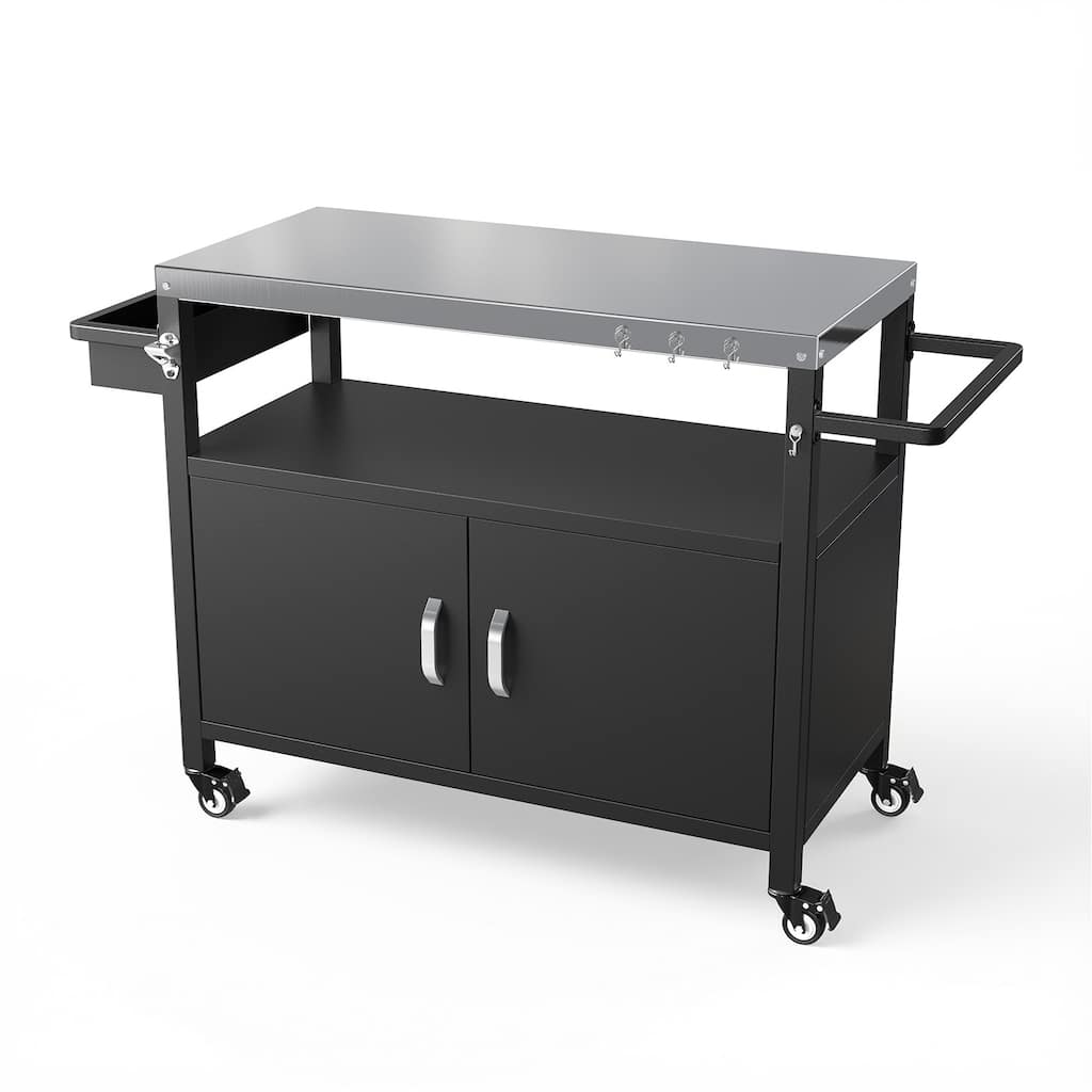 Outdoor 41.5" Metal Bar Cart with Cabinet, Patio Serving Cart with Stainless Steel Top - Stainless steel top