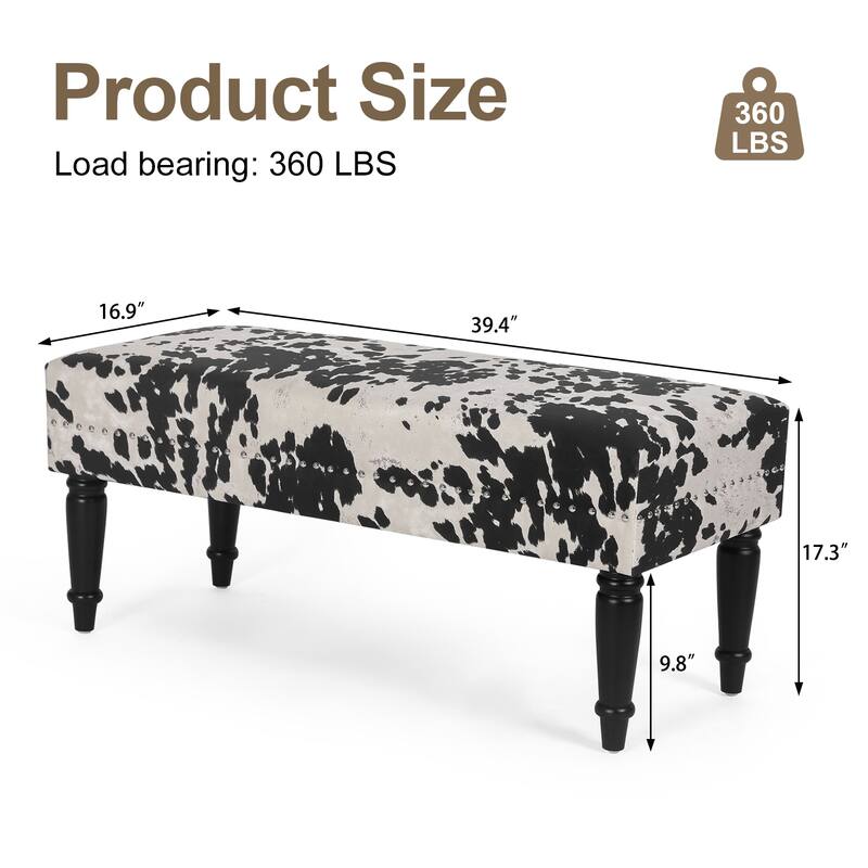 Adeco Rectangular Ottoman Black Milk Cow Bench Fabric Footrest Stool