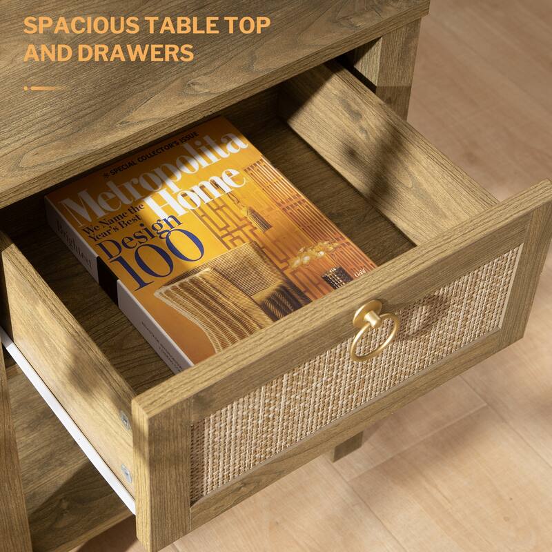 SICOTAS Farmhouse 1-Drawer Rattan Nightstand