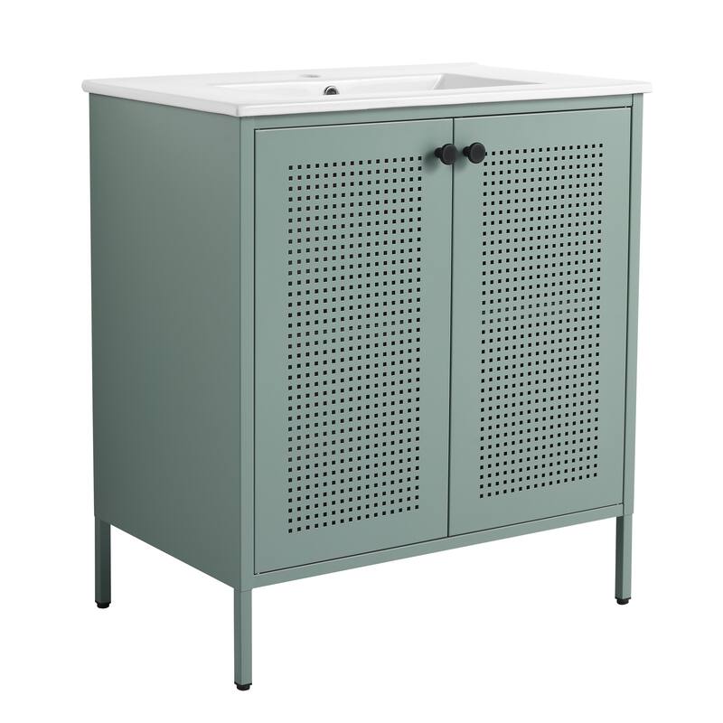 Freestanding Bathroom Vanity with Ceramic Sink, Adjustable Shelves, Cold Rolled Steel Cabinet, Double Door Design, Modern Style