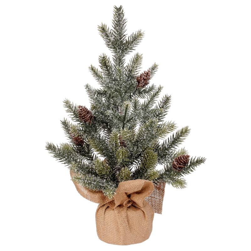 16" Faux Snow Frost Pine Tree In Burlap Set of 2