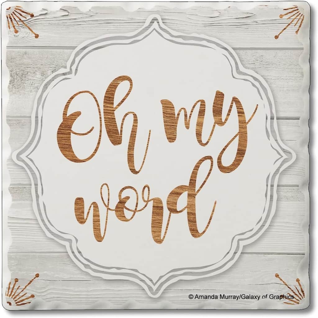 Oh My Word 4 Pack Single Absorbent Stone Coaster with Protective Cork Backing Made in The USA 4" Square, Easily Wipes Clean