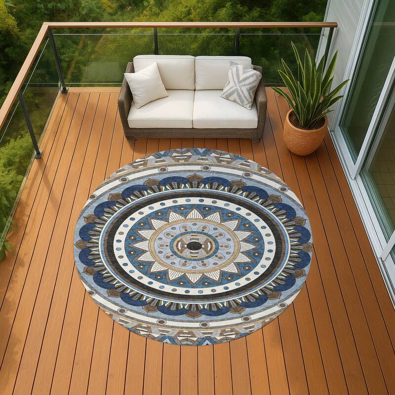 Machine Washable Indoor/ Outdoor Boho Mosaic Chantille Rug - Denim - 8' x 8'