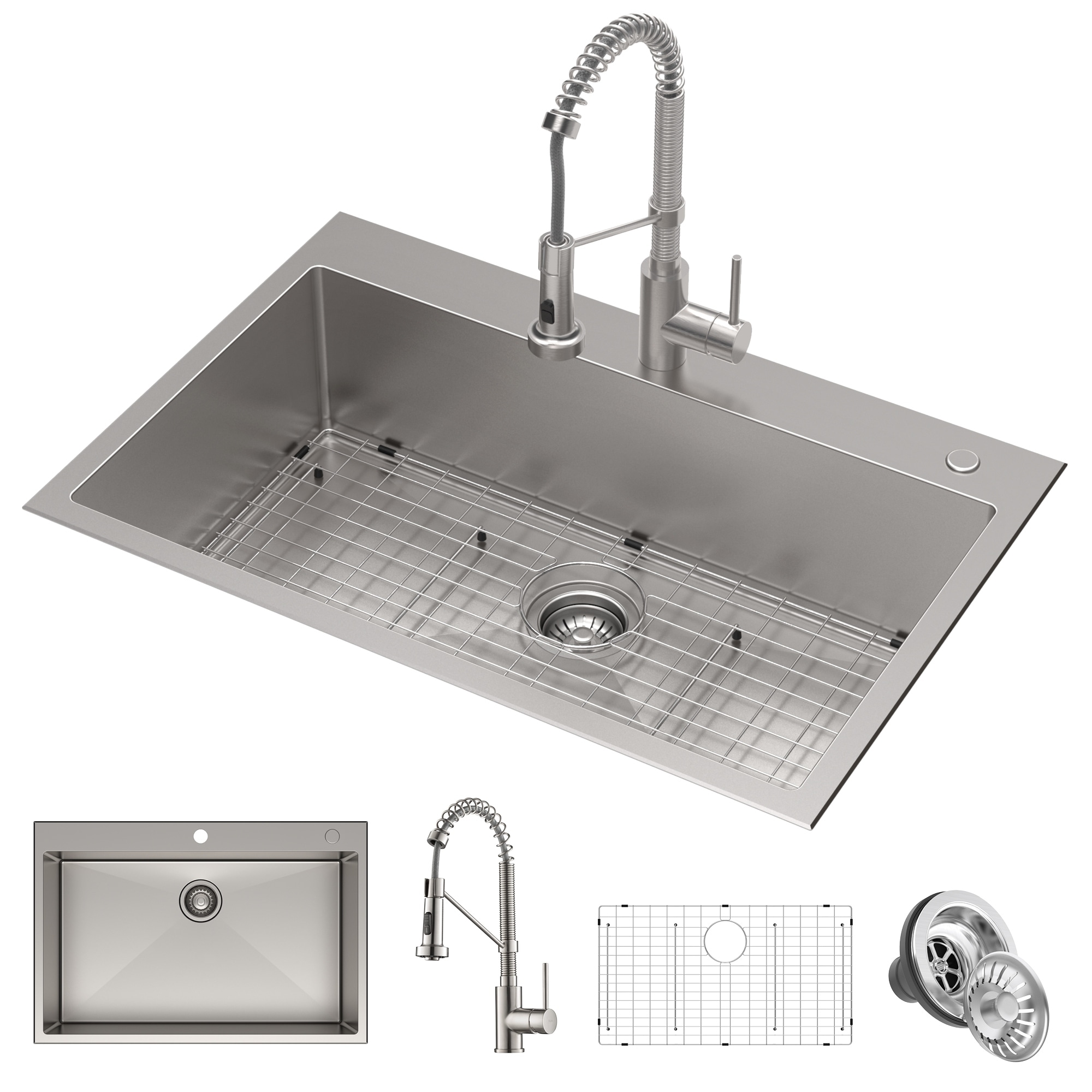 Kraus KCA-1102 Stark 33-Inch Dual Mount Kitchen Sink and Pull-Down Commercial Kitchen Faucet Combo in Stainless Steel, image size:2000x2000