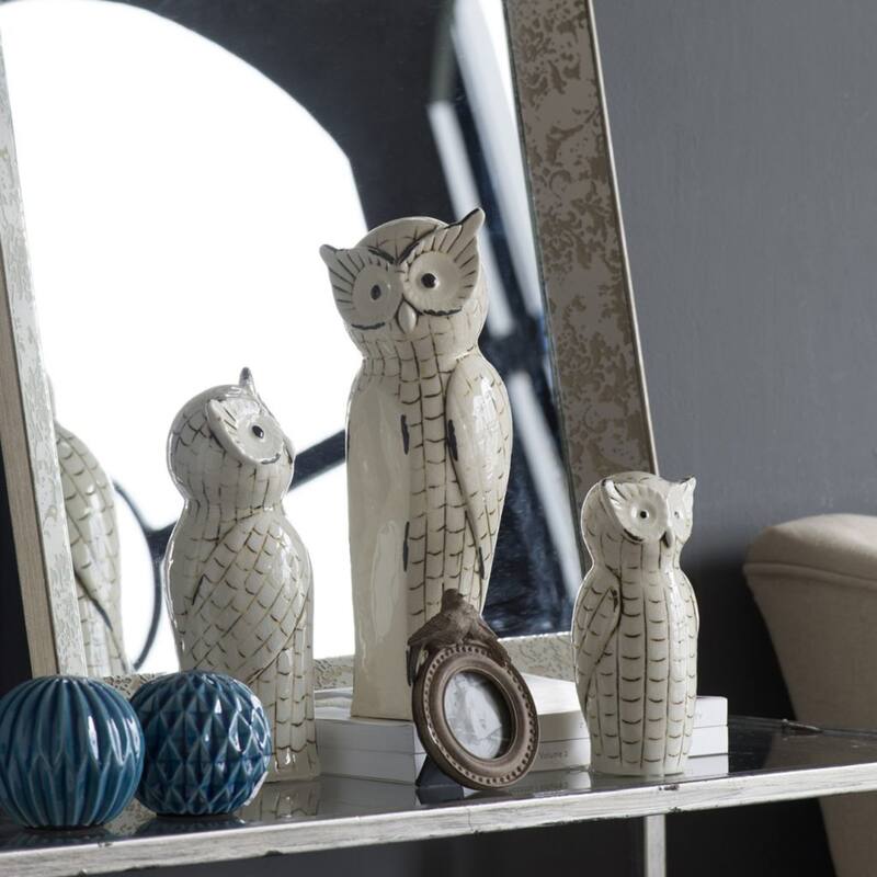 Set of 3 White and Black Vintage Style Owl Trio Figurine Statues 14"