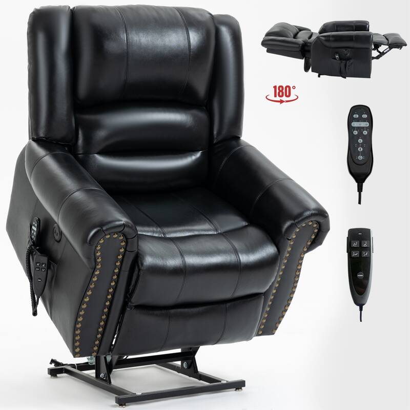 Dual Motor Power Lift Genuine Leather Recliner Chair with Heat Massage and USB Ports