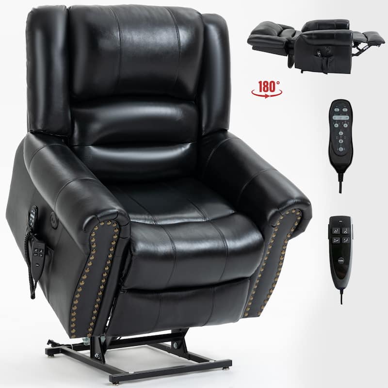 Genuine Leather Electric Lift Recliner with Dual Motors, 8-Point Massage, Heating, USB Charging, and Infinite Recline