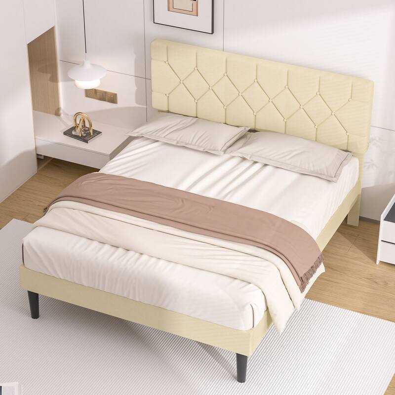 Beige Diamond Button Tufted Upholstered Bed with Linen Headboard No Box Spring Needed 7.87" Underbed Storage Center Support Leg