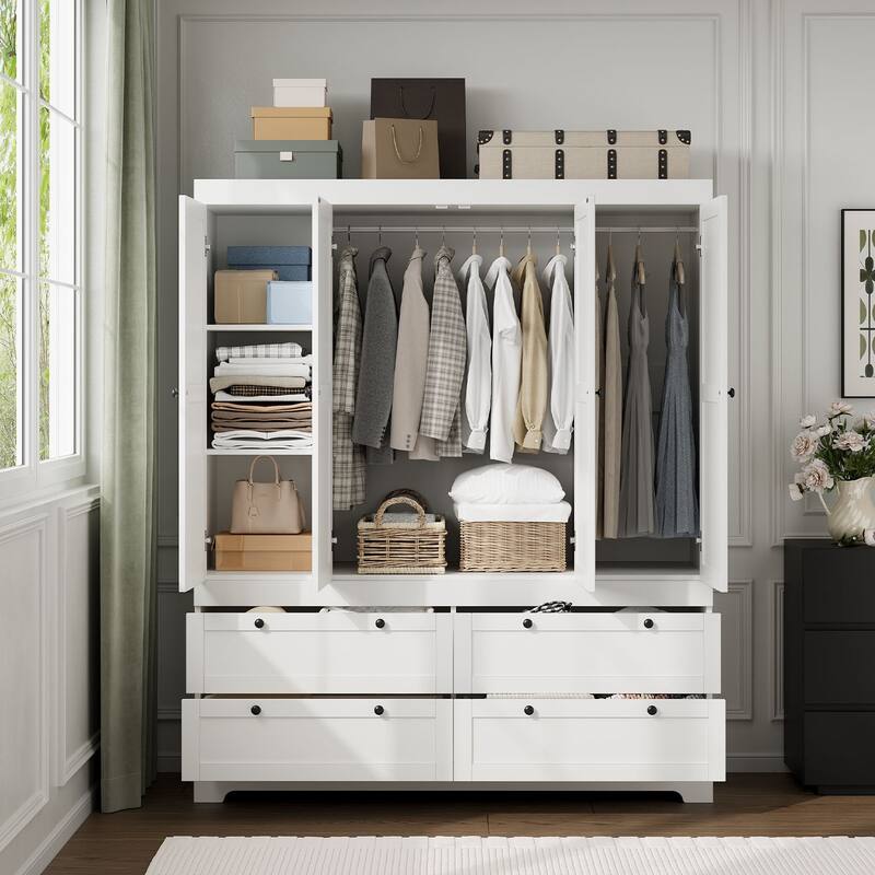 Gyomojoy Large White Wardrobe Closet with Drawers & Doors, Modular Armoire with Hanging Rods, Apartment & Dorm Storage