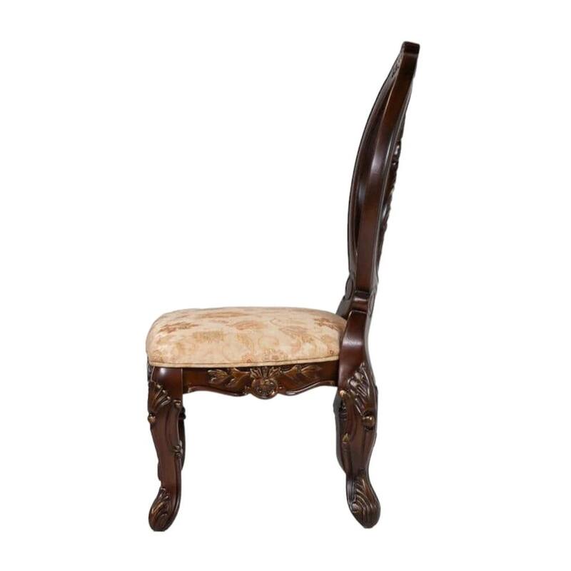 23 Inch Carved Dining Chair, Set of 2, Cabriole Legs, Tan Fabric Seating
