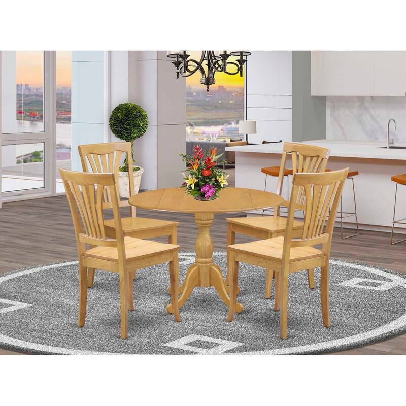 HomeStock 5-Piece Natural Oak Finish Solid Wood Top Dining table with 4-Chairs with Drop Leaf Slat Back