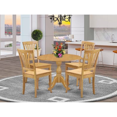 HomeStock 5-Piece Natural Oak Finish Solid Wood Top Dining table with 4-Chairs with Drop Leaf Slat Back