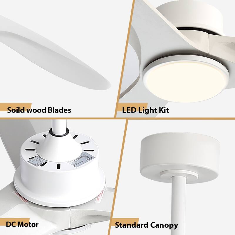 WINGBO 60 Inch DC Ceiling Fan with Lights and Remote Control, 3 Reversible Carved Wood Blades, 6-Speed Noiseless DC Motor