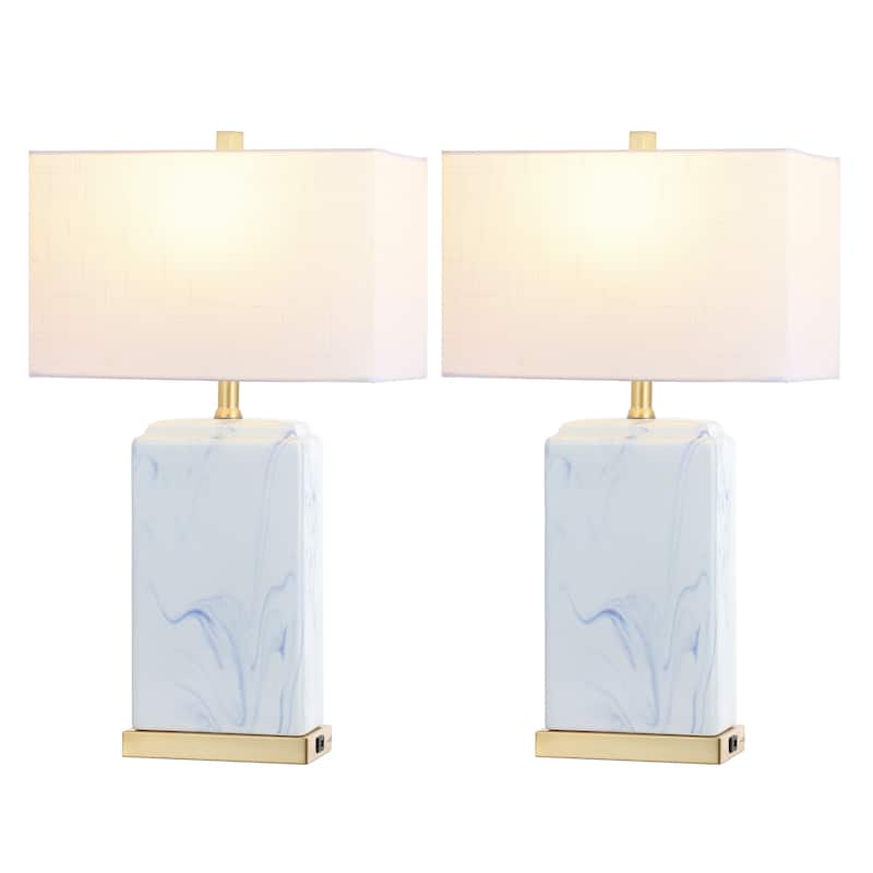 Easton 24.5" Modern Coastal Iron/Marbled Ceramic LED Table Lamp with USB Charging Port, Blue/White (Set of 2), by JONATHAN Y