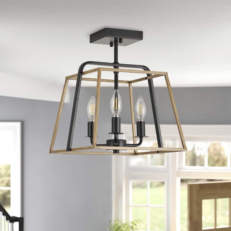 Farmhouse Semi Flush Mount Ceiling Light Rustic Black and Grey Wood 3 Light Iron Fixture