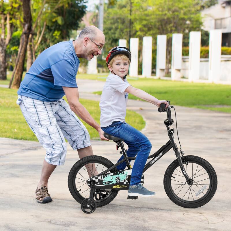 Black Kids Adjustable Bike with Training Wheels and Enclosed Chain Guard Dual Brake System