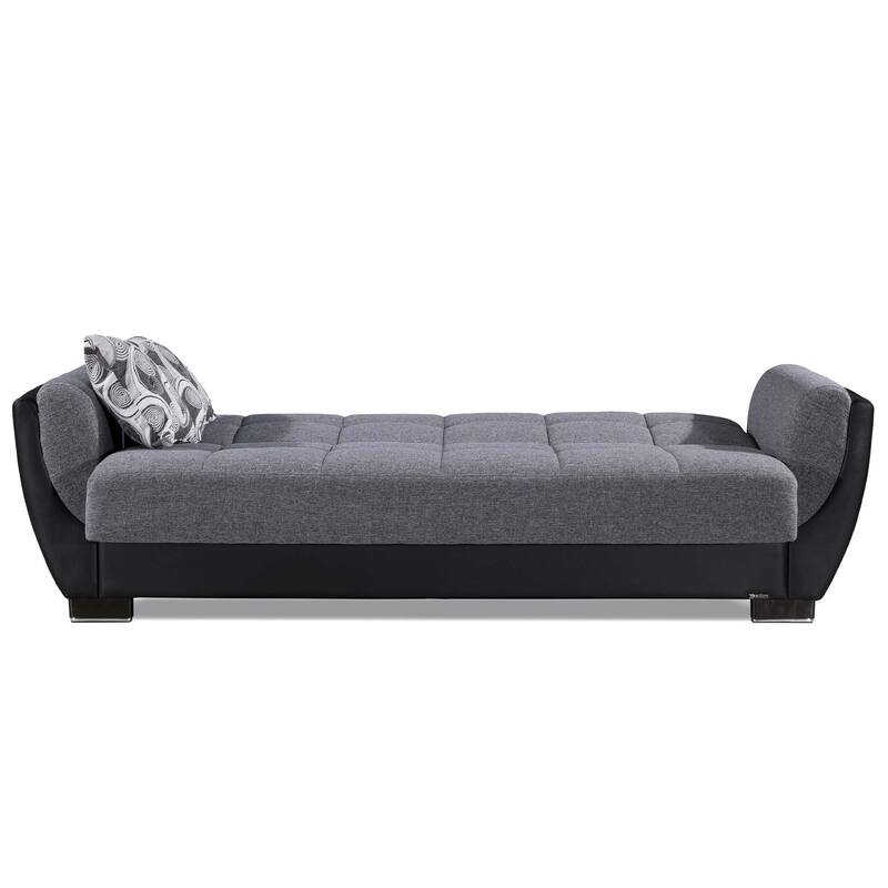HomeRoots 93" Black And Gray Chenille And Faux Leather Convertible Futon Sleeper Sofa With Toss Pillows And Storage