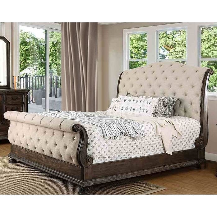 Royal Sleigh Bed 1pc Rustic Natural Tone Beige Finish