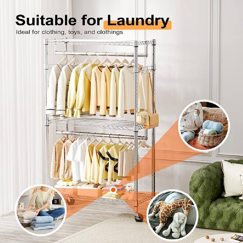 Heavy Duty Rolling Garment Rack with Wheels, 3-Tier Adjustable Wire Shelving, Clothes Rack with 2 Rods & Side Hooks