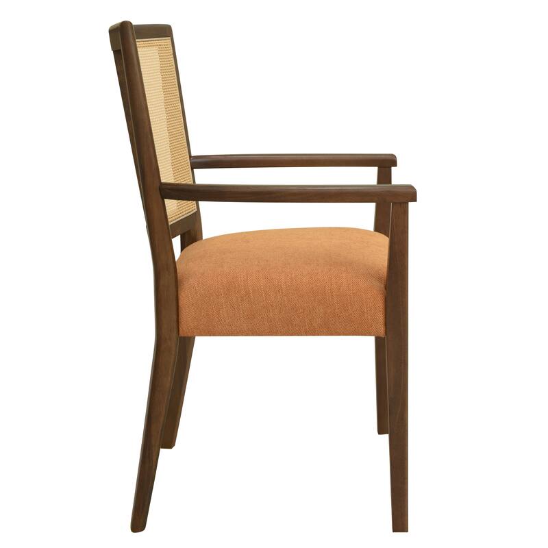 Set of 2 Modern Wooden Arm Dining Chairs with Rattan Backrest, Upholstered Fabric Seat, Rubberwood Frame