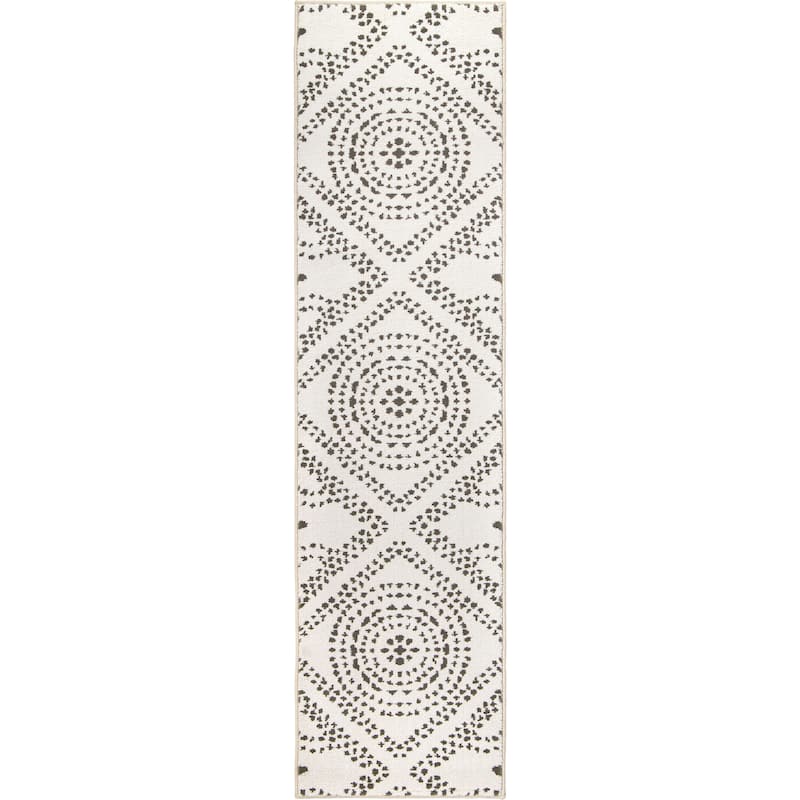 My Texas House Saltillo Natural White Floral Area Rug - 2' x 7'6" Runner