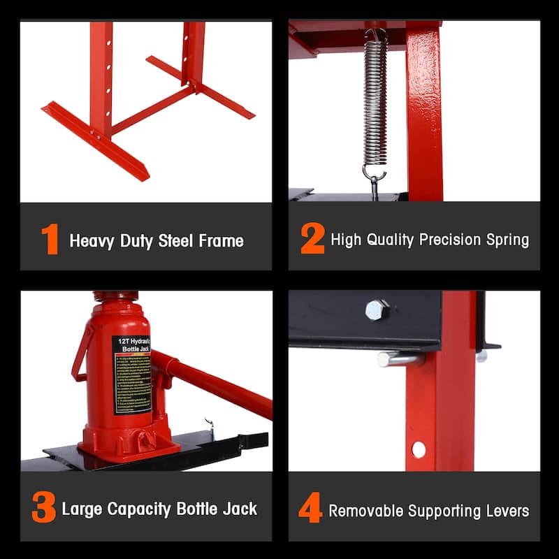 Hydraulic Shop Press ,12-Ton Capacity , Floor Mount ,with Press Plates, H-Frame Garage Floor Press, Adjustable Working Height