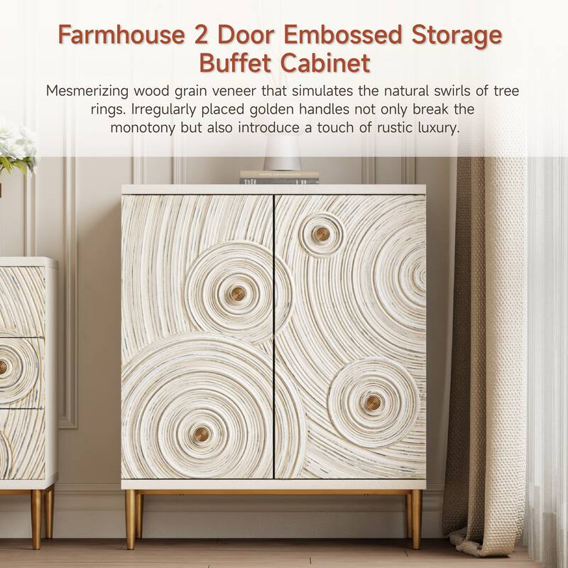 COZAYH Farmhouse 2 Door Embossed Storage Cabinet with Ring Motif, Distressed Boho Storage Buffet Cabinet