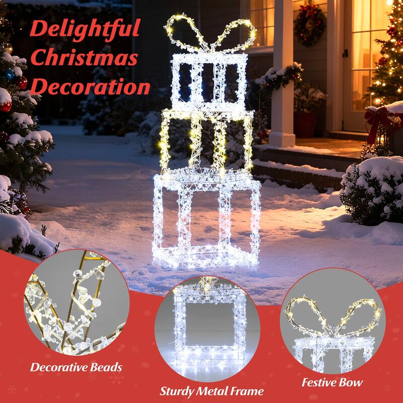 Gymax Outdoor Set of 3 Pre-Lit Christmas Present Box Lights w/Warm & - Multi-Color