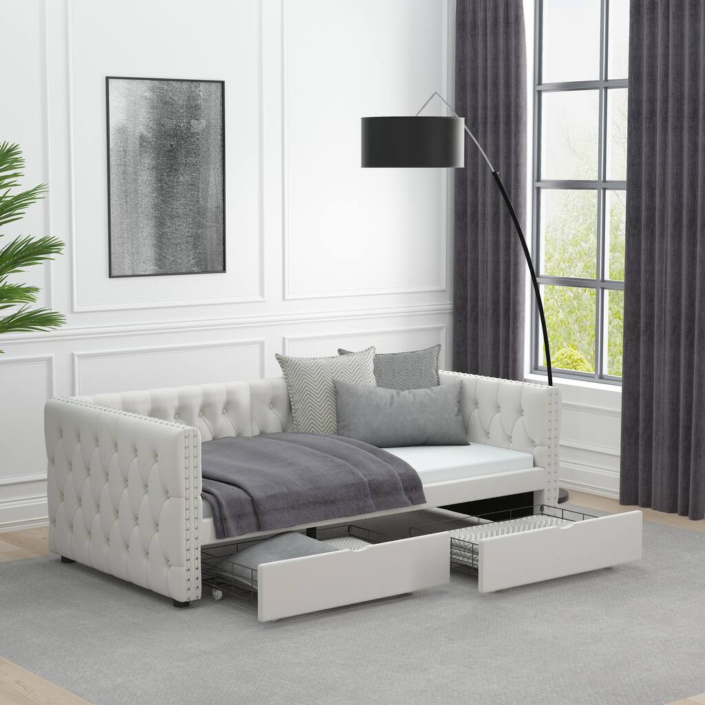 Twin Size Daybed Upholstered Tufted Sofa Bed With Drawers