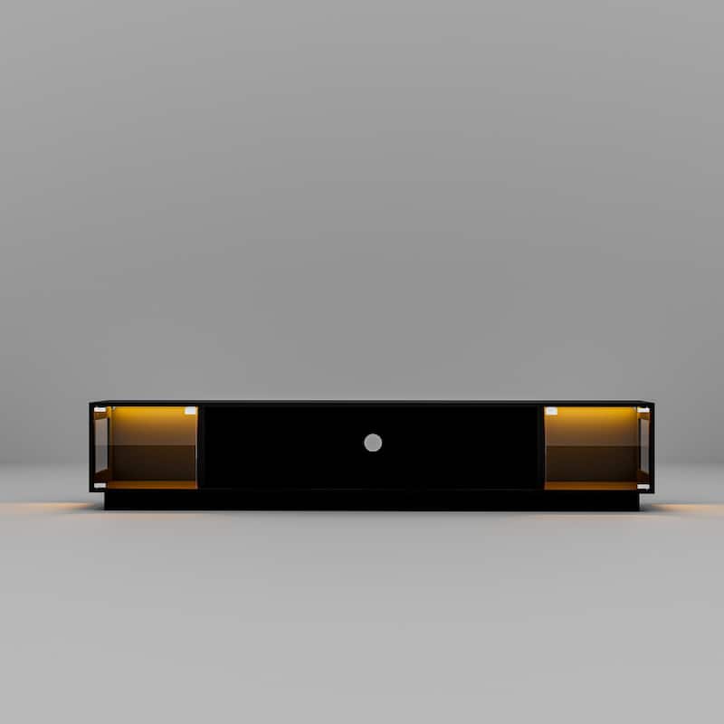 Modern Black Fireplace TV Stand Combo,Remote Fireplace Heater,2 Drawers,Light Strip & USB