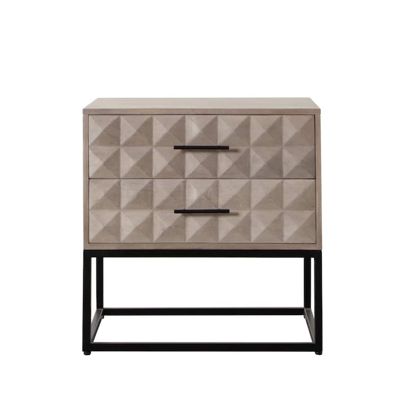 Zoe End Table Nightstand, Ash Gray Carved Fronts, Black Metal Base