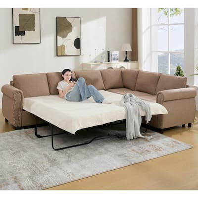 2 in 1 Pull Out 6 Seater L Shaped Sleeper Sectional Sofa Bed, 104" Brown