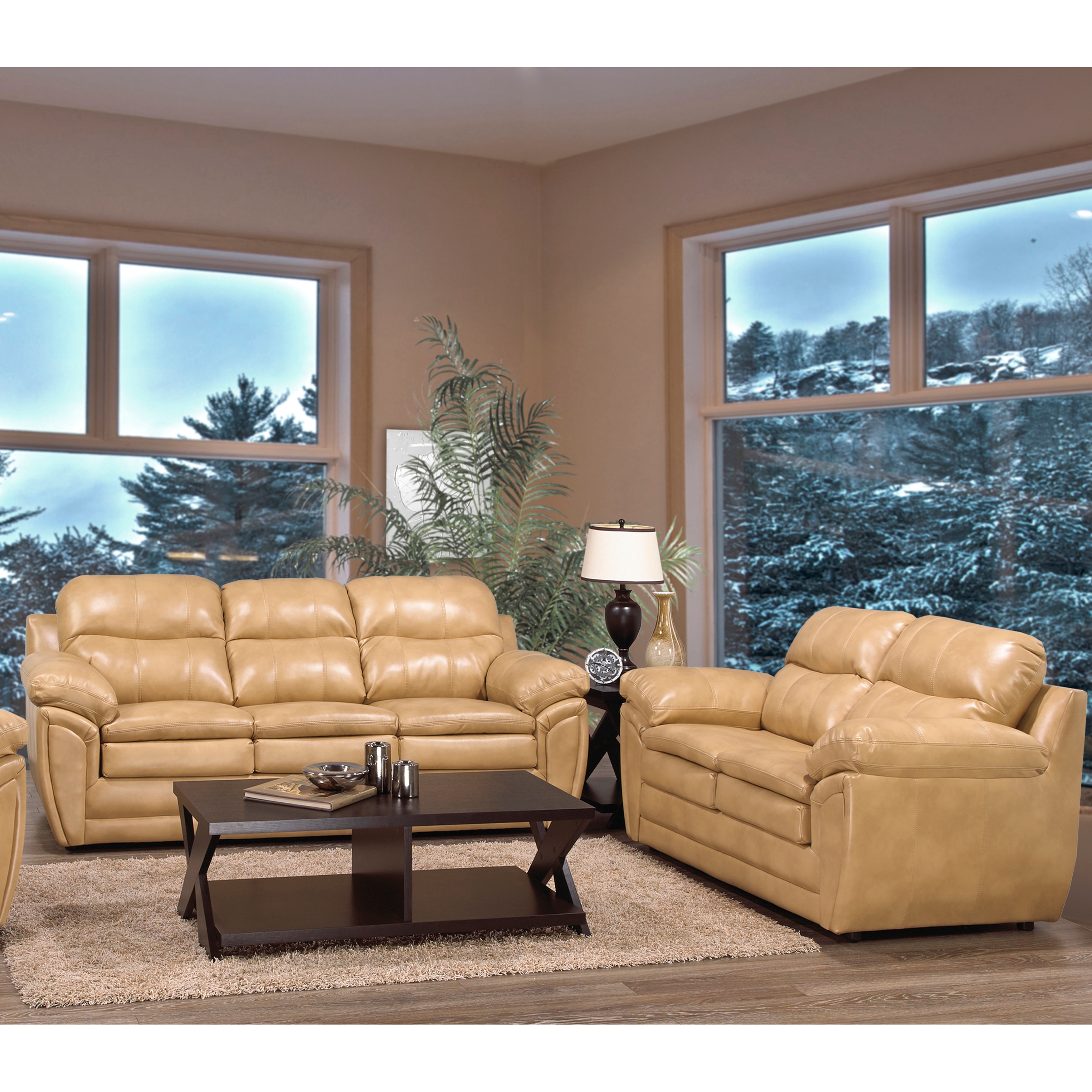 Simon Light Tan Brown Leather Gel Sofa and Loveseat Set