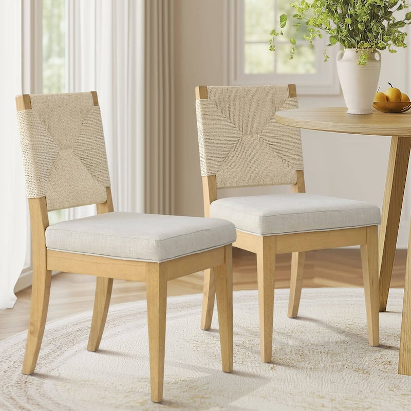 Upholstered Dining Chair with Woven Rope Back and Solid Wood Frame(Set of 2) - Beige