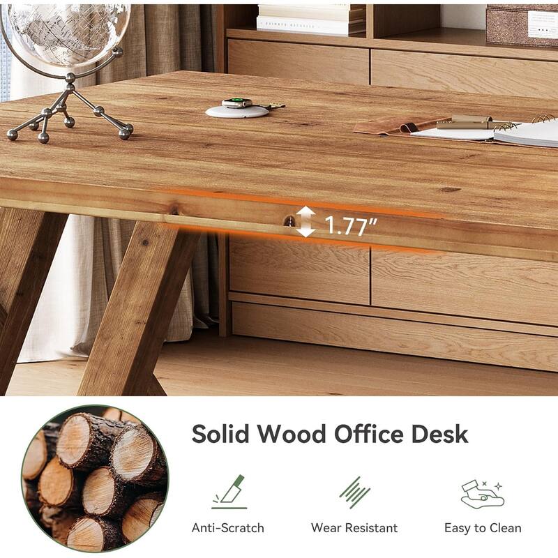 63-Inch Solid Wood Farmhouse Executive Desk, Large Office Desk for Home Office