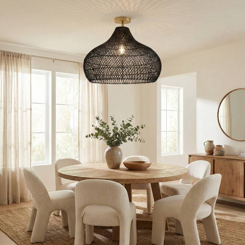Latigo Rattan Flush Mount - Rattan Black 1-Light Handwoven Ceiling Light for Bedroom or Dining Room in Farmhouse, Country Style