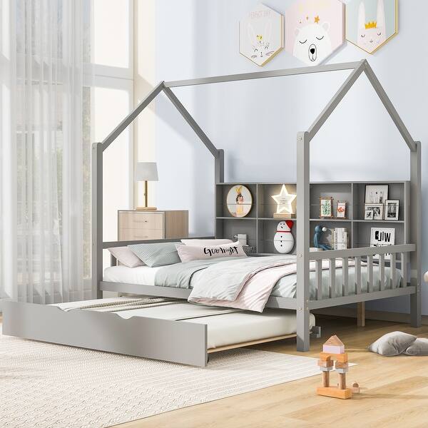 slide 2 of 46, House Bed with Trundle,Wooden Kids Bedframe with Storage Shelf,Roof for Kids and Bedroom,No Box Spring Required Grey - Full