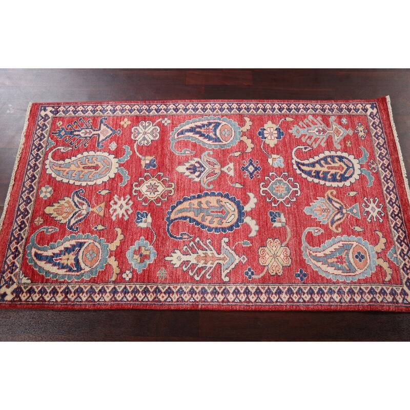 Vegetable Dye Geometric Paisley Super Kazak Area Rug Wool Hand-knotted - 2'10" x 5'0"